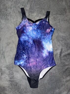New Galaxy Print One Piece Swimsuit Blue Purple Criss Cross Back  Size Large